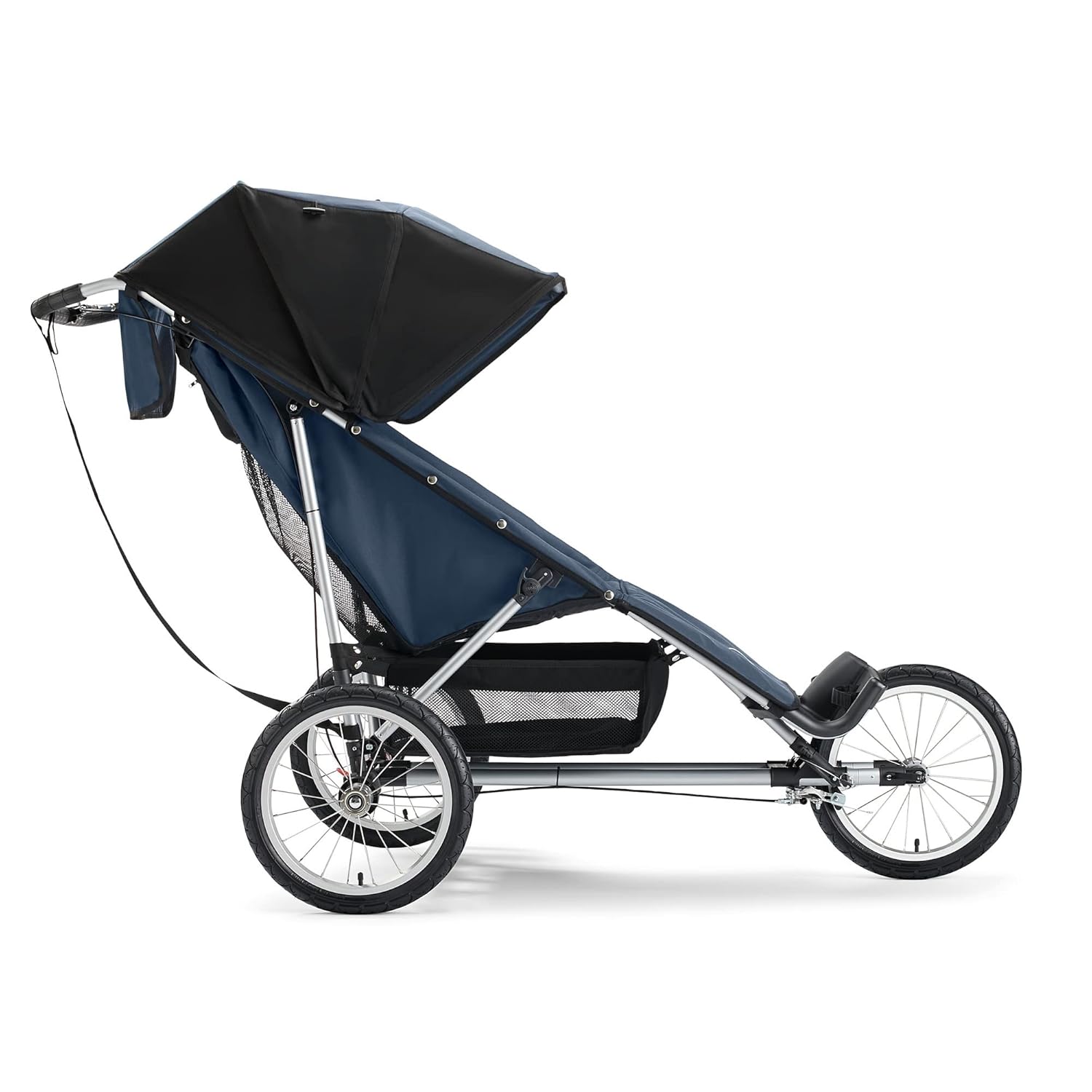 Modern jogging stroller with black frame and gray fabric seat, three all-terrain wheels for parent mobility — side