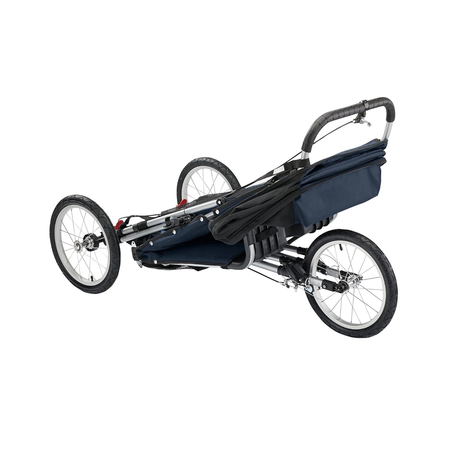 Modern jogging stroller with black frame and gray fabric seat, three all-terrain wheels for parent mobility — detail