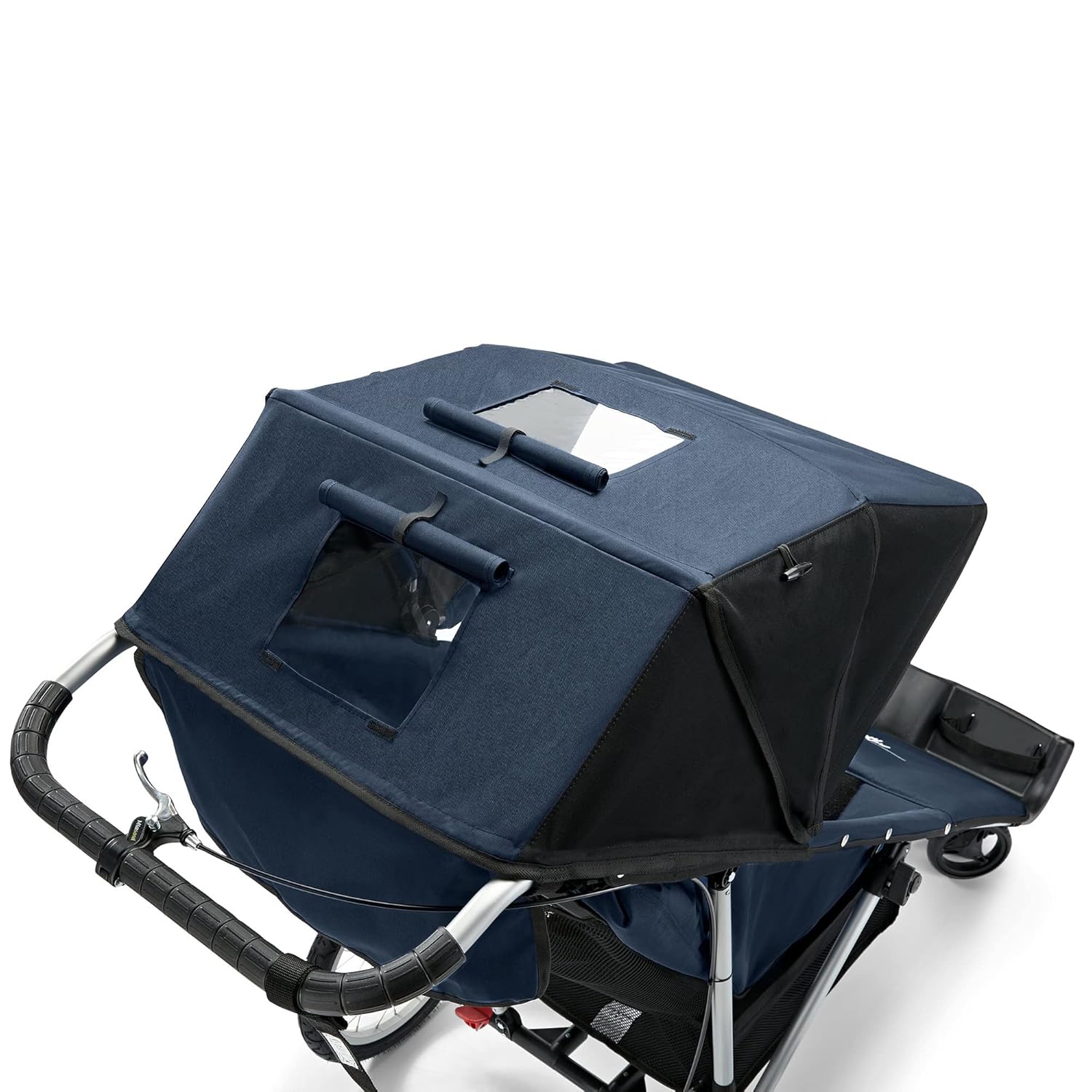 Modern jogging stroller with black frame and gray fabric seat, three all-terrain wheels for parent mobility — view 2