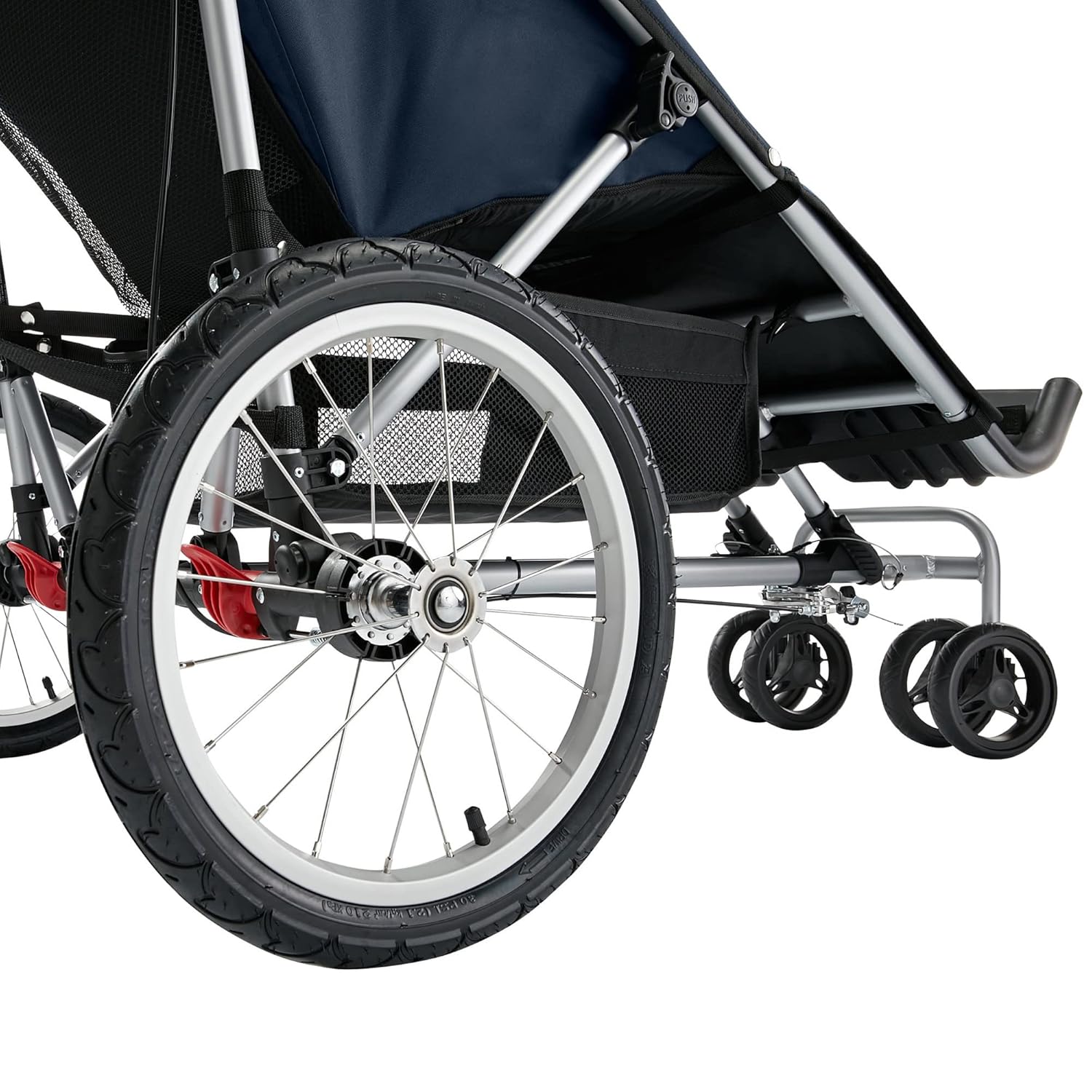 Modern jogging stroller with black frame and gray fabric seat, three all-terrain wheels for parent mobility — view 3