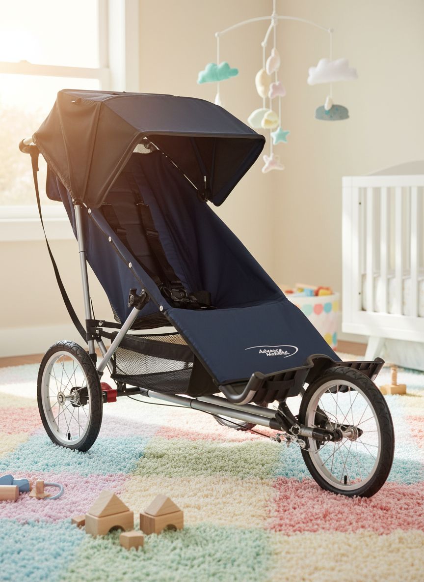 Modern jogging stroller with black frame and gray fabric seat, three all-terrain wheels for parent mobility — view 1