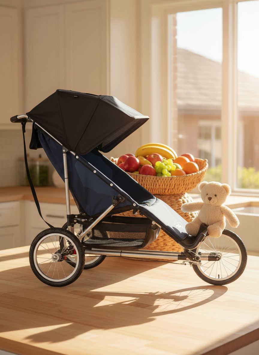 Modern jogging stroller with black frame and gray fabric seat, three all-terrain wheels for parent mobility — view 3