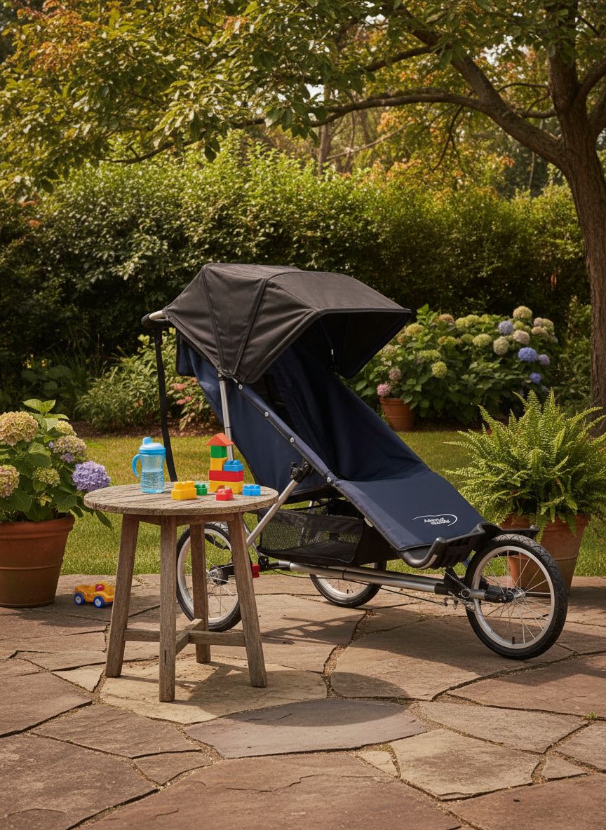 Modern jogging stroller with black frame and gray fabric seat, three all-terrain wheels for parent mobility — view 2