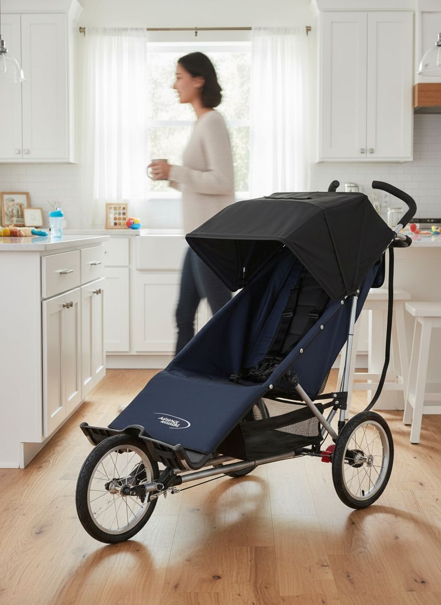 Modern jogging stroller with black frame and gray fabric seat, three all-terrain wheels for parent mobility — view 3a
