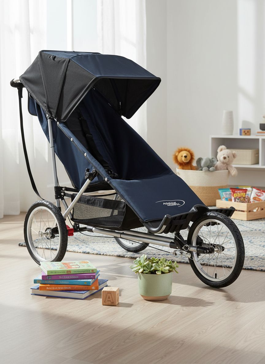 Modern jogging stroller with black frame and gray fabric seat, three all-terrain wheels for parent mobility — view 5a