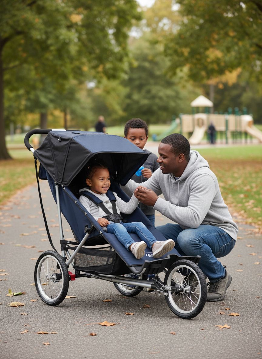 Modern jogging stroller with black frame and gray fabric seat, three all-terrain wheels for parent mobility — view 6