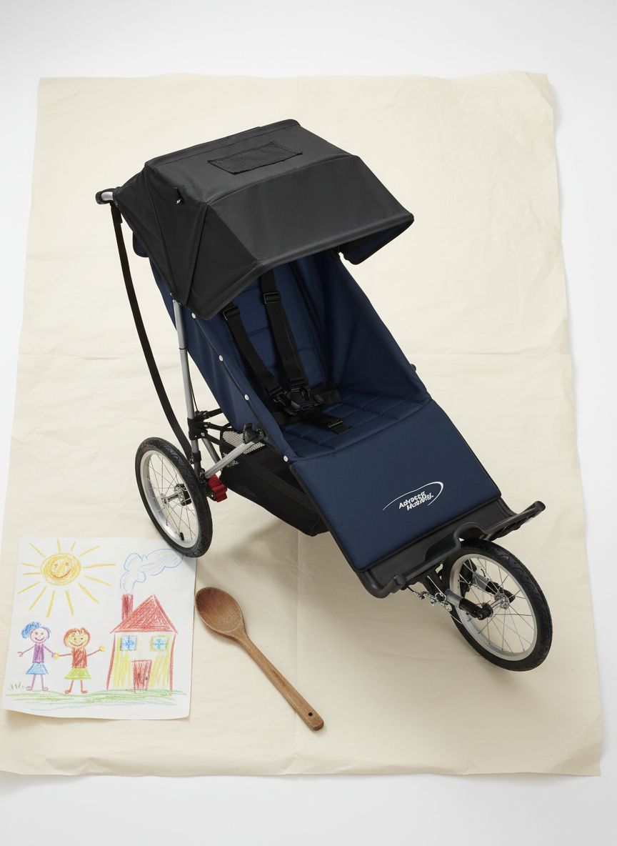 Modern jogging stroller with black frame and gray fabric seat, three all-terrain wheels for parent mobility — view 7a