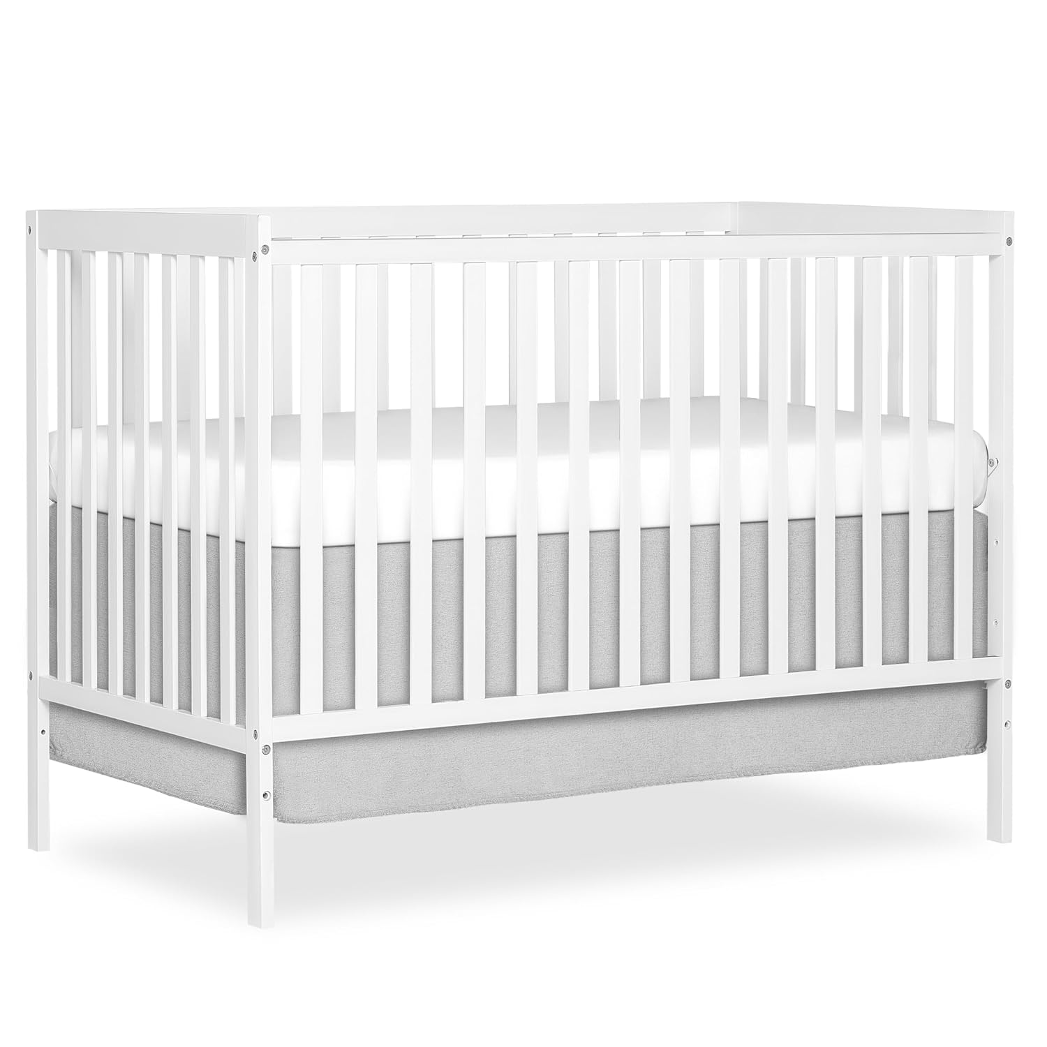 White sustainable pinewood 5-in-1 convertible crib with adjustable mattress height for newborn and toddler sleep — front