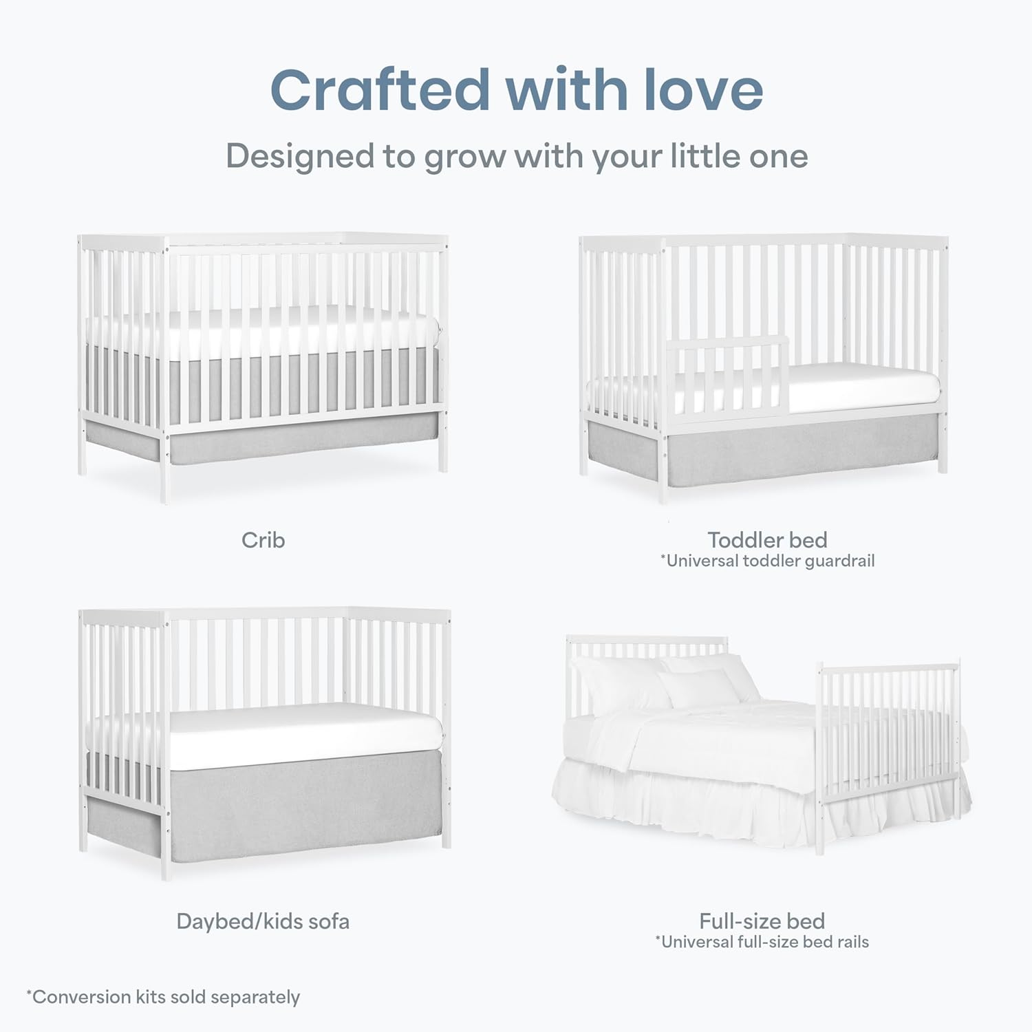White sustainable pinewood 5-in-1 convertible crib with adjustable mattress height for newborn and toddler sleep — detail