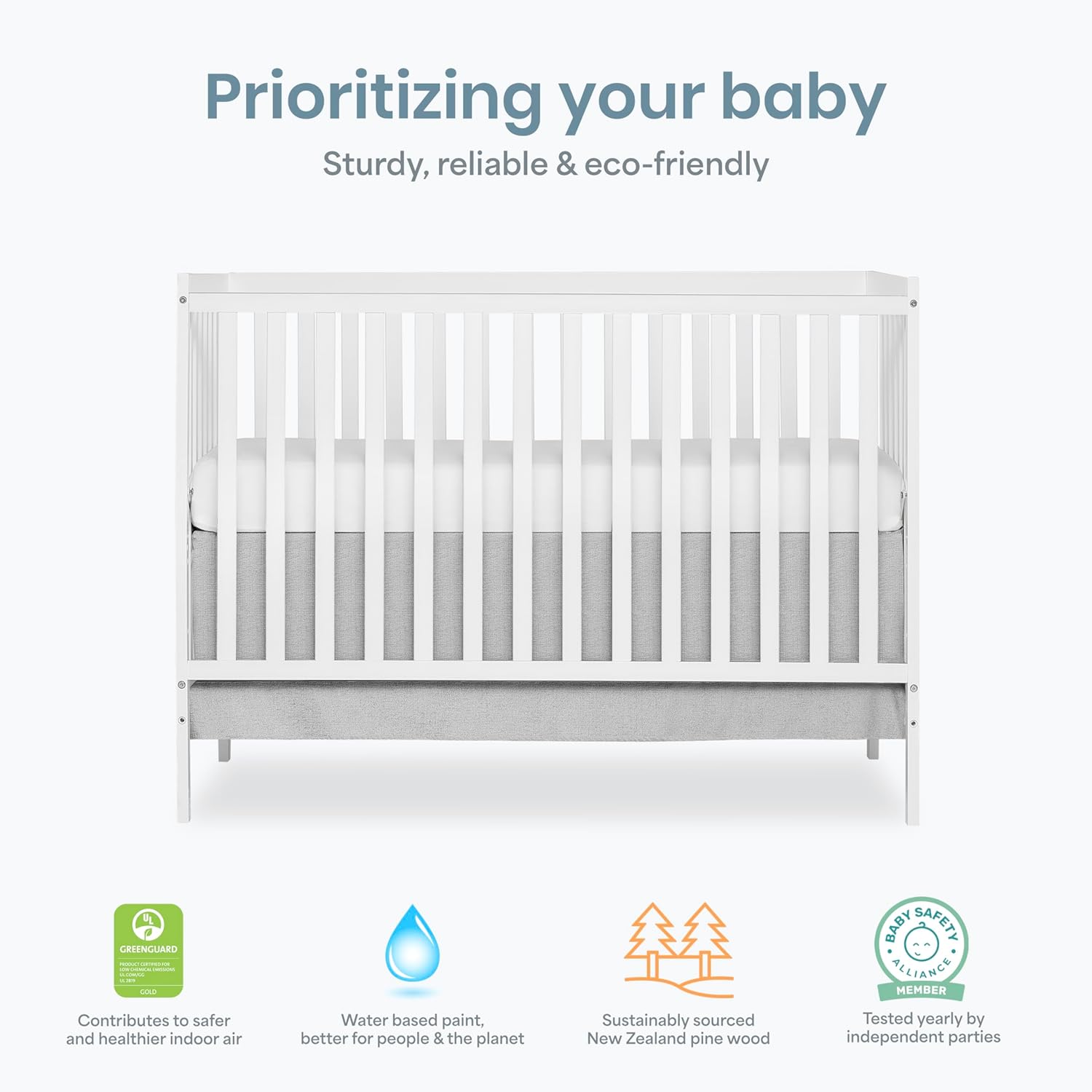 White sustainable pinewood 5-in-1 convertible crib with adjustable mattress height for newborn and toddler sleep — view 2