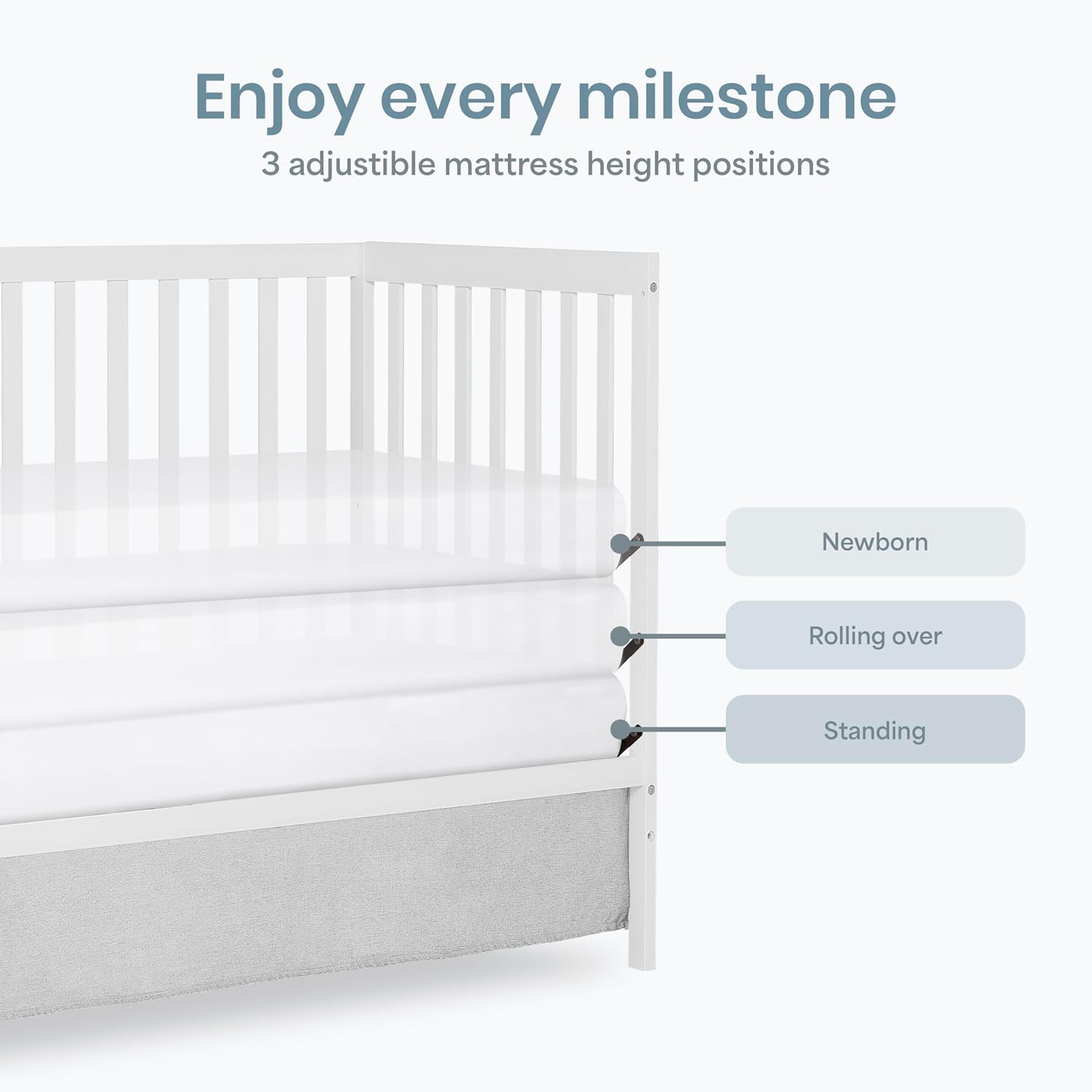 White sustainable pinewood 5-in-1 convertible crib with adjustable mattress height for newborn and toddler sleep — view 3