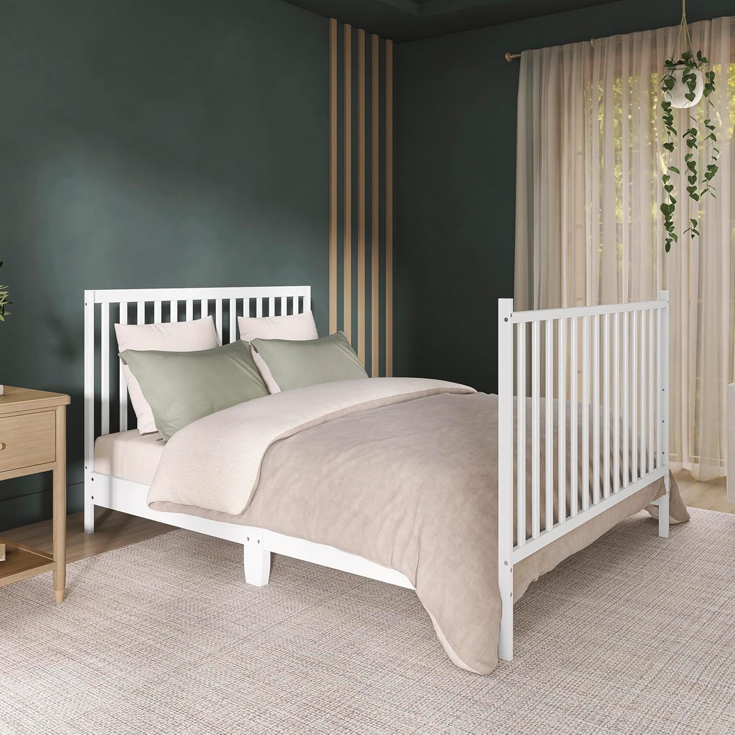 White sustainable pinewood 5-in-1 convertible crib with adjustable mattress height for newborn and toddler sleep — view 5
