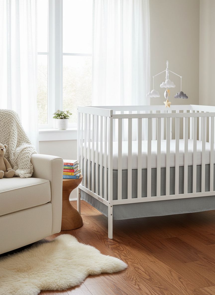 White sustainable pinewood 5-in-1 convertible crib with adjustable mattress height for newborn and toddler sleep — view 2