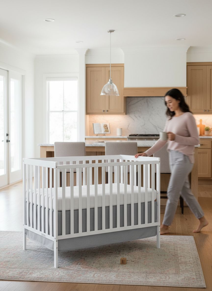 White sustainable pinewood 5-in-1 convertible crib with adjustable mattress height for newborn and toddler sleep — view 3a