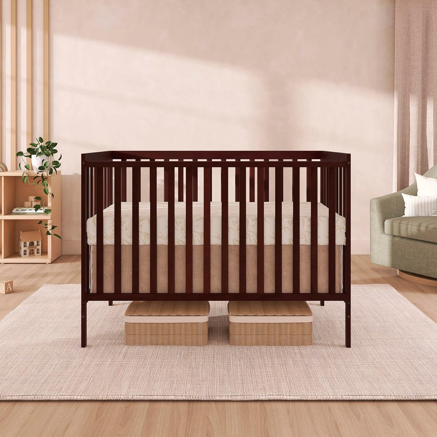 5-in-1 convertible full-size baby crib in espresso wood with adjustable mattress height and toddler conversion rails — view 2