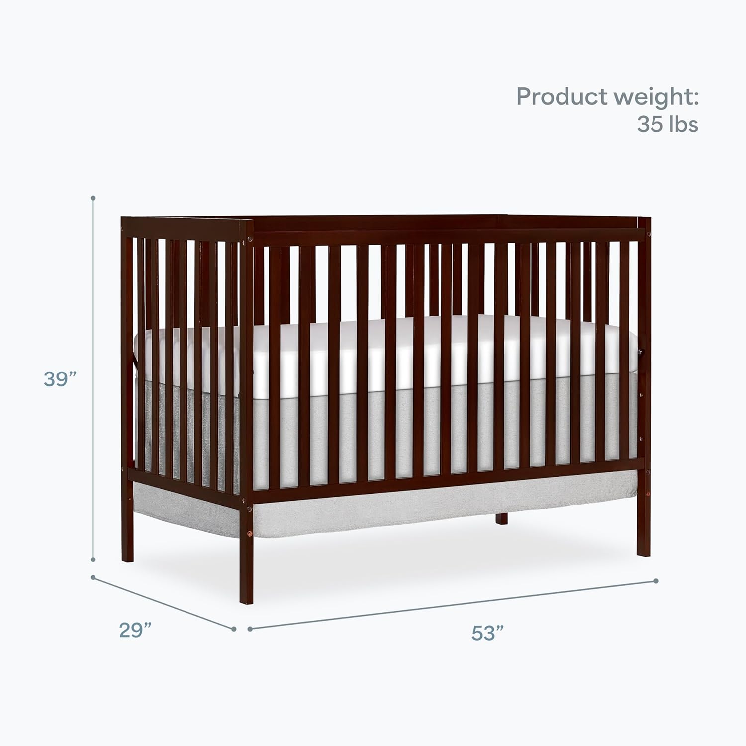 5-in-1 convertible full-size baby crib in espresso wood with adjustable mattress height and toddler conversion rails — view 3