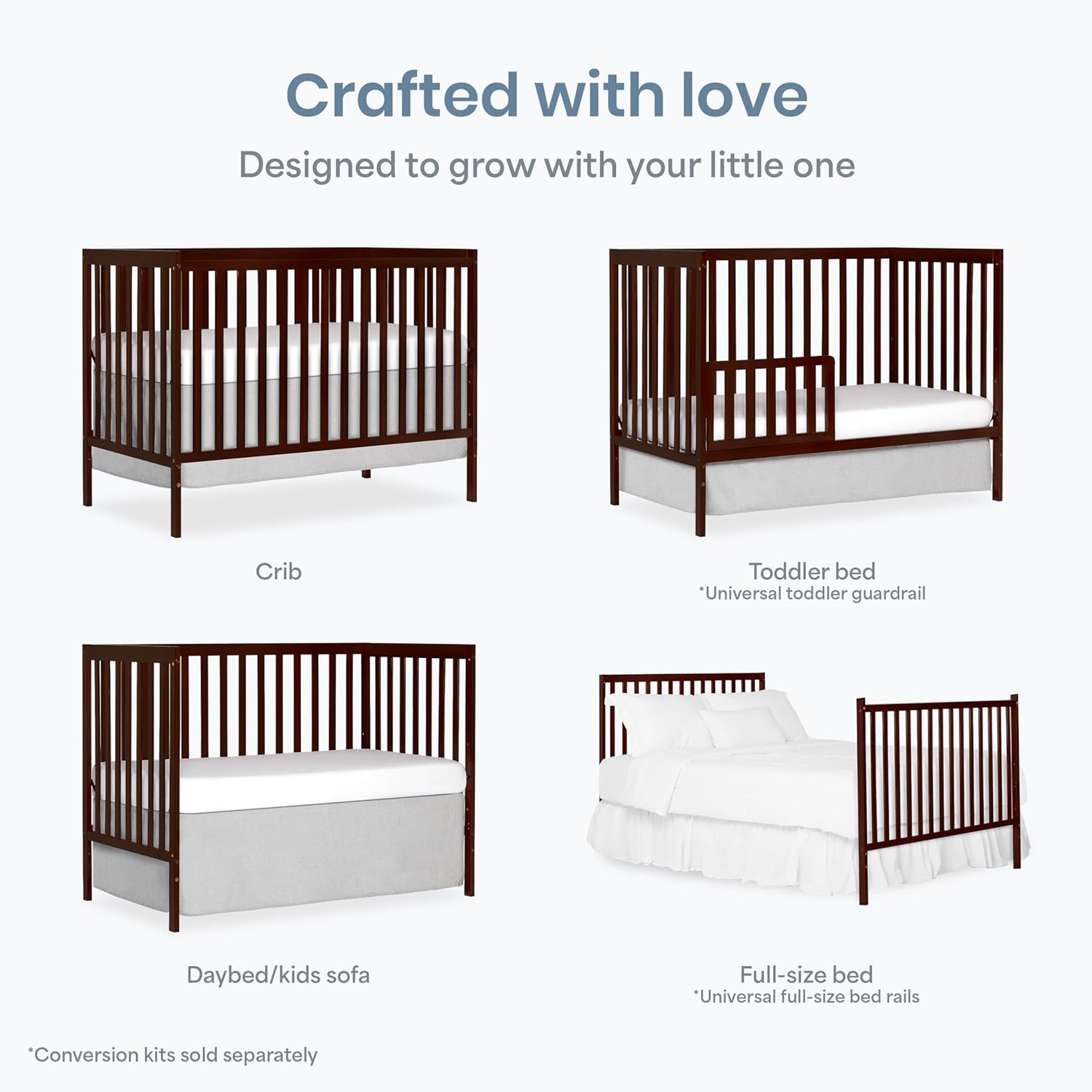 5-in-1 convertible full-size baby crib in espresso wood with adjustable mattress height and toddler conversion rails — view 4