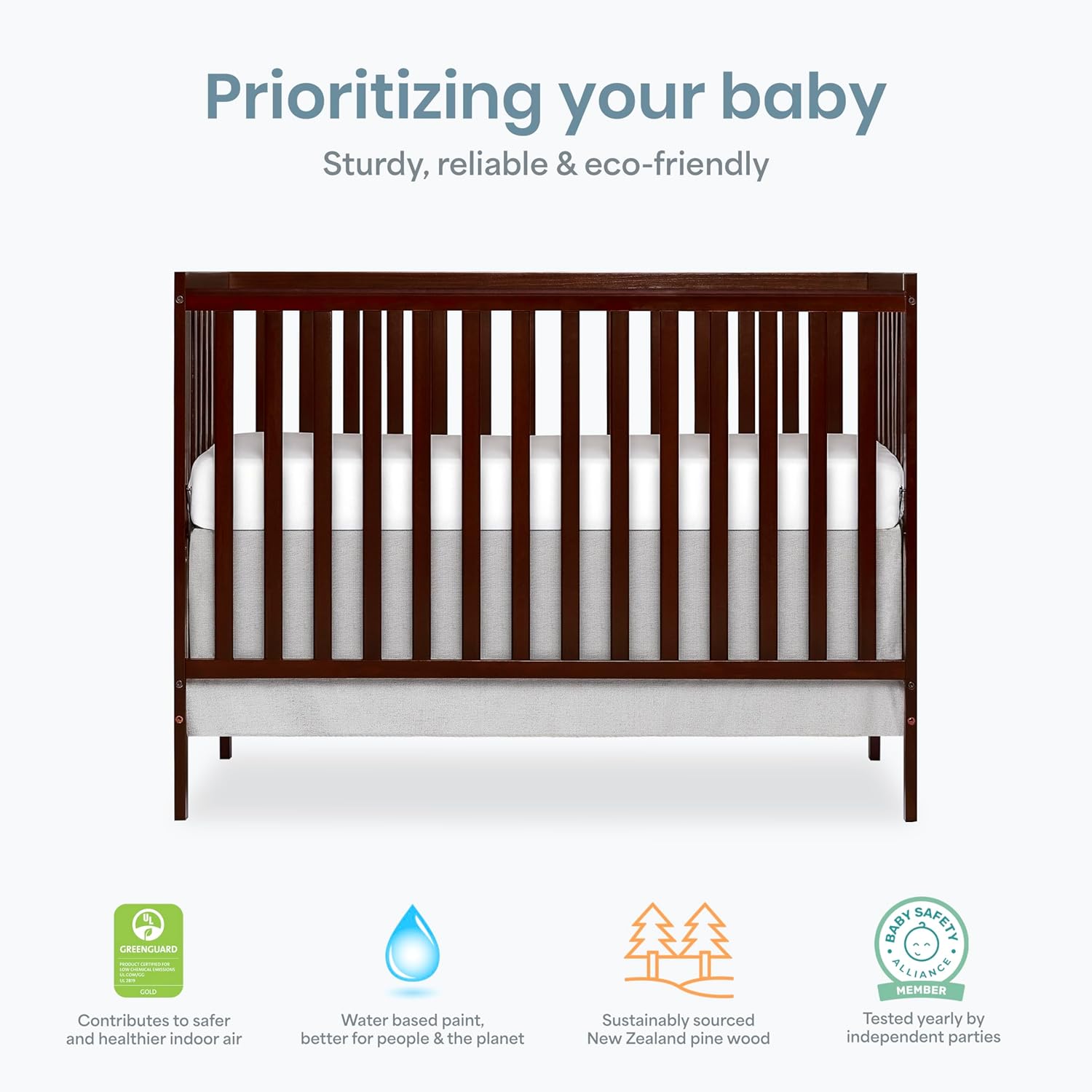5-in-1 convertible full-size baby crib in espresso wood with adjustable mattress height and toddler conversion rails — view 2