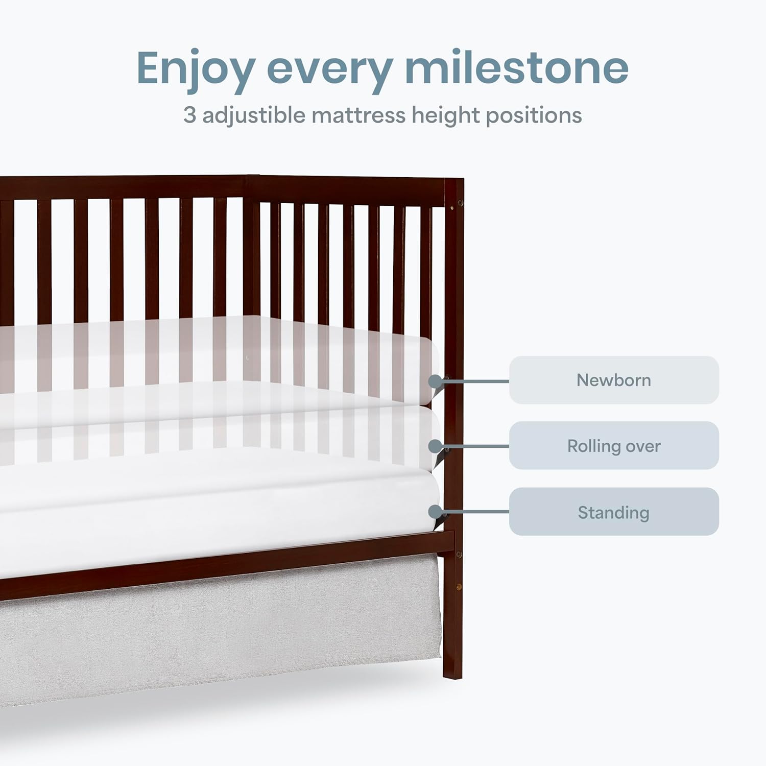 5-in-1 convertible full-size baby crib in espresso wood with adjustable mattress height and toddler conversion rails — view 3