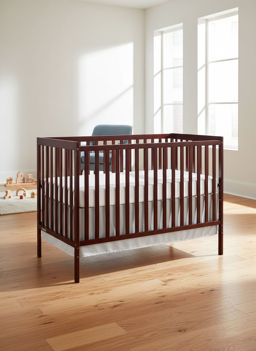 5-in-1 convertible full-size baby crib in espresso wood with adjustable mattress height and toddler conversion rails โ view 1