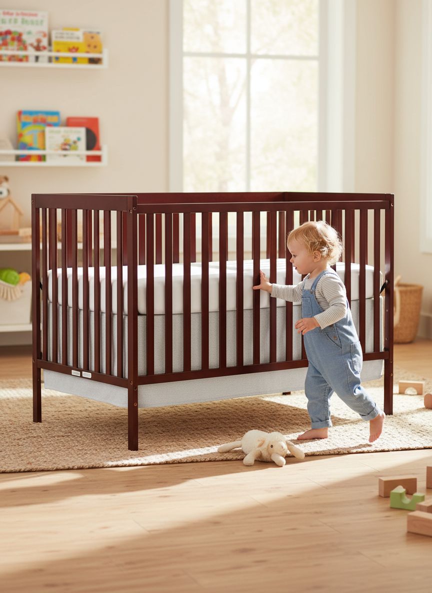 5-in-1 convertible full-size baby crib in espresso wood with adjustable mattress height and toddler conversion rails โ view 3a