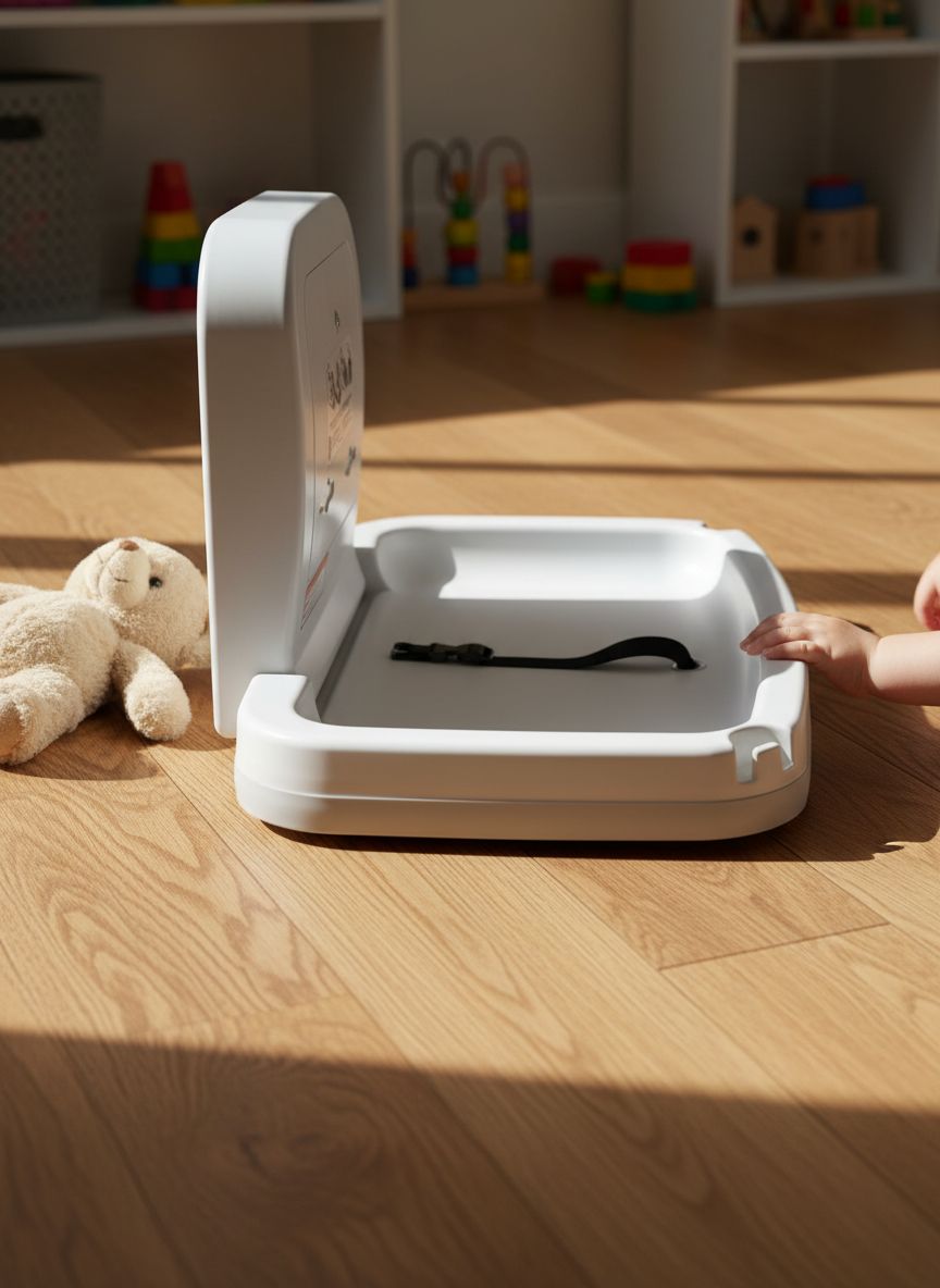 Modern horizontal baby changing table in white with safety straps and storage shelf — view 3
