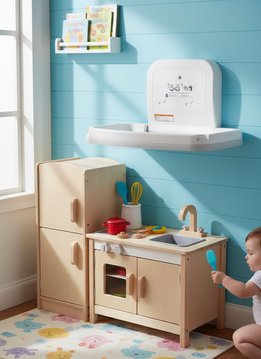 Modern horizontal baby changing table in white with safety straps and storage shelf — view 3a