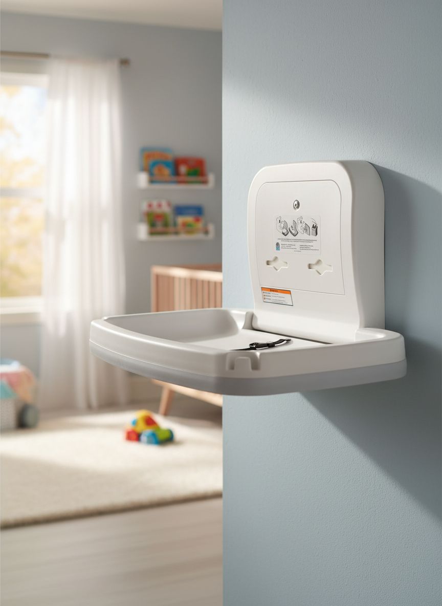Modern horizontal baby changing table in white with safety straps and storage shelf — view 6