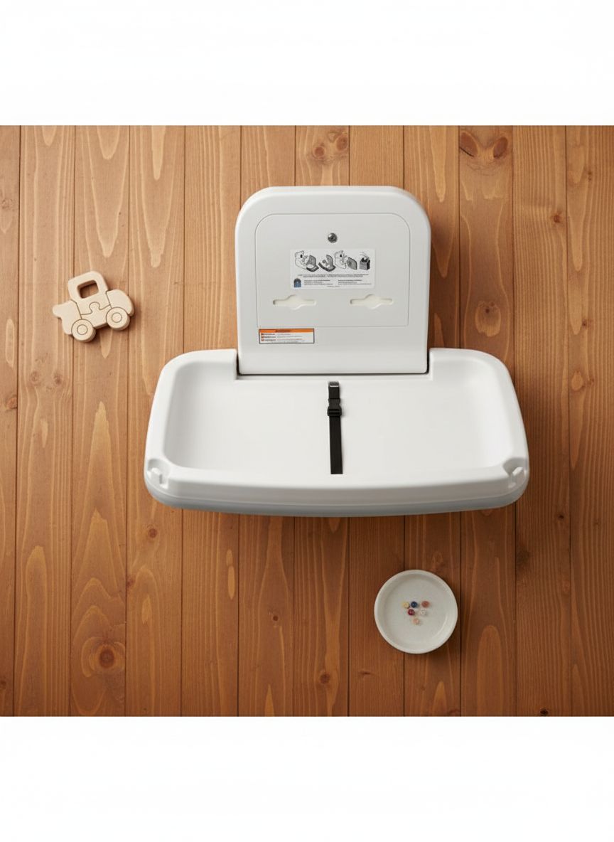 Modern horizontal baby changing table in white with safety straps and storage shelf — view 7a