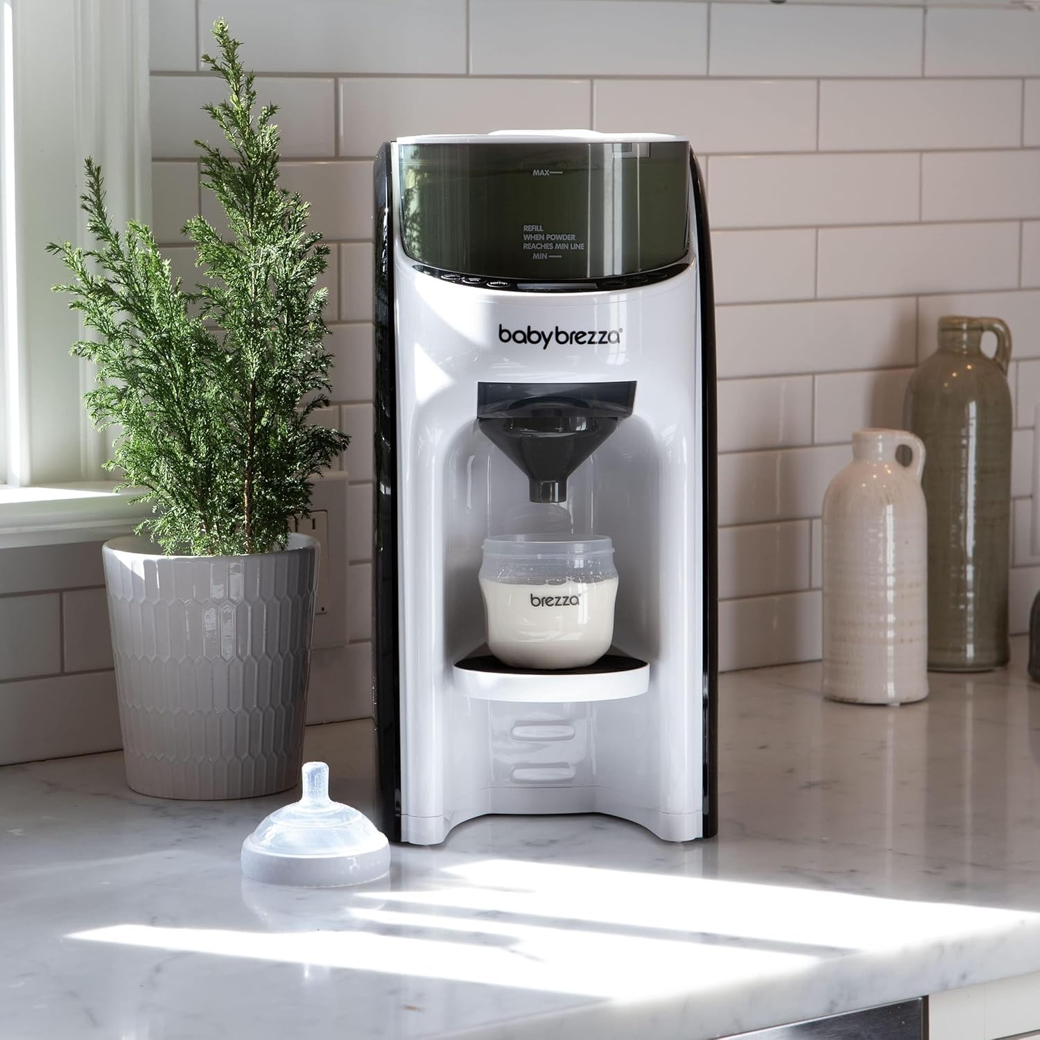 white automatic formula dispenser machine with digital display and bottle attachment โ view 4
