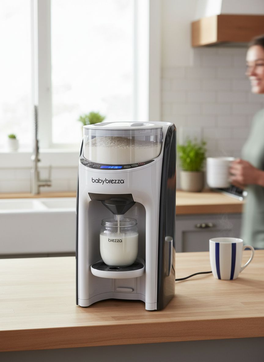 white automatic formula dispenser machine with digital display and bottle attachment โ view 3a