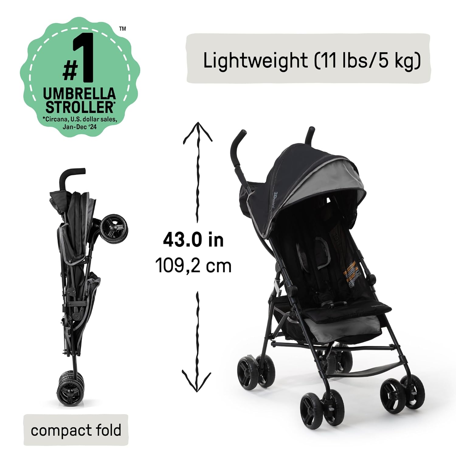 Gray lightweight umbrella stroller with compact fold and extended sun visor canopy — back