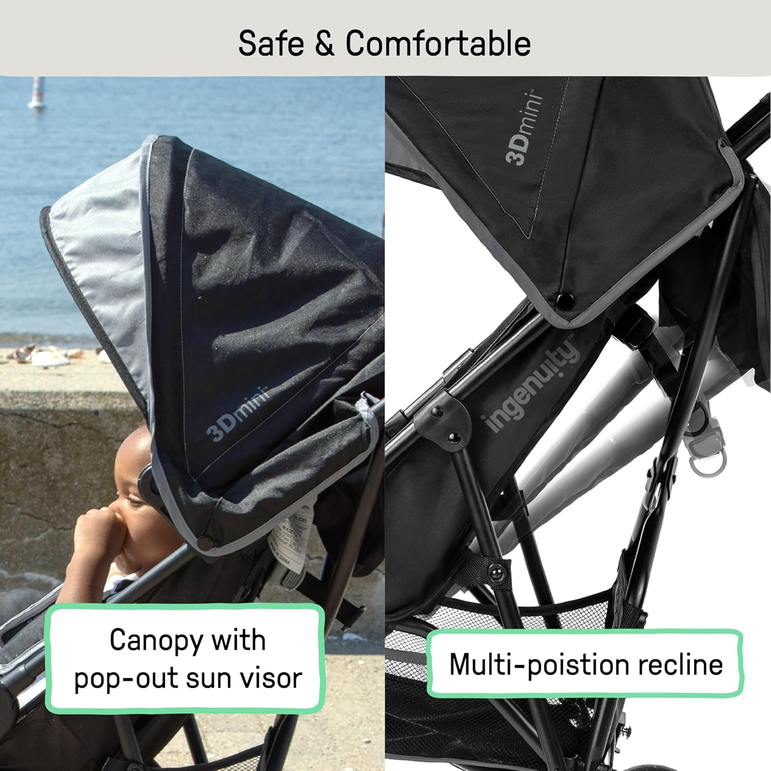 Gray lightweight umbrella stroller with compact fold and extended sun visor canopy — detail