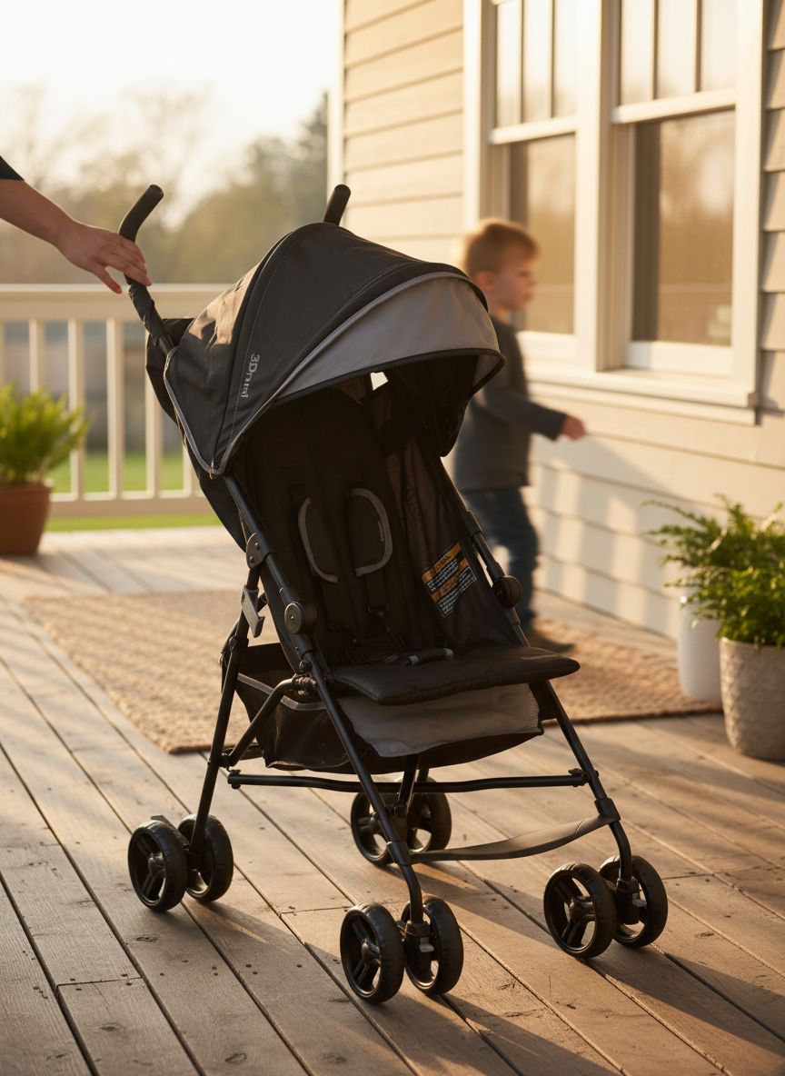 Gray lightweight umbrella stroller with compact fold and extended sun visor canopy — view 3a