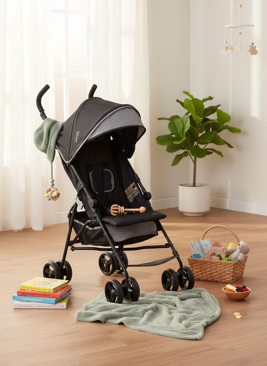 Gray lightweight umbrella stroller with compact fold and extended sun visor canopy — view 5a