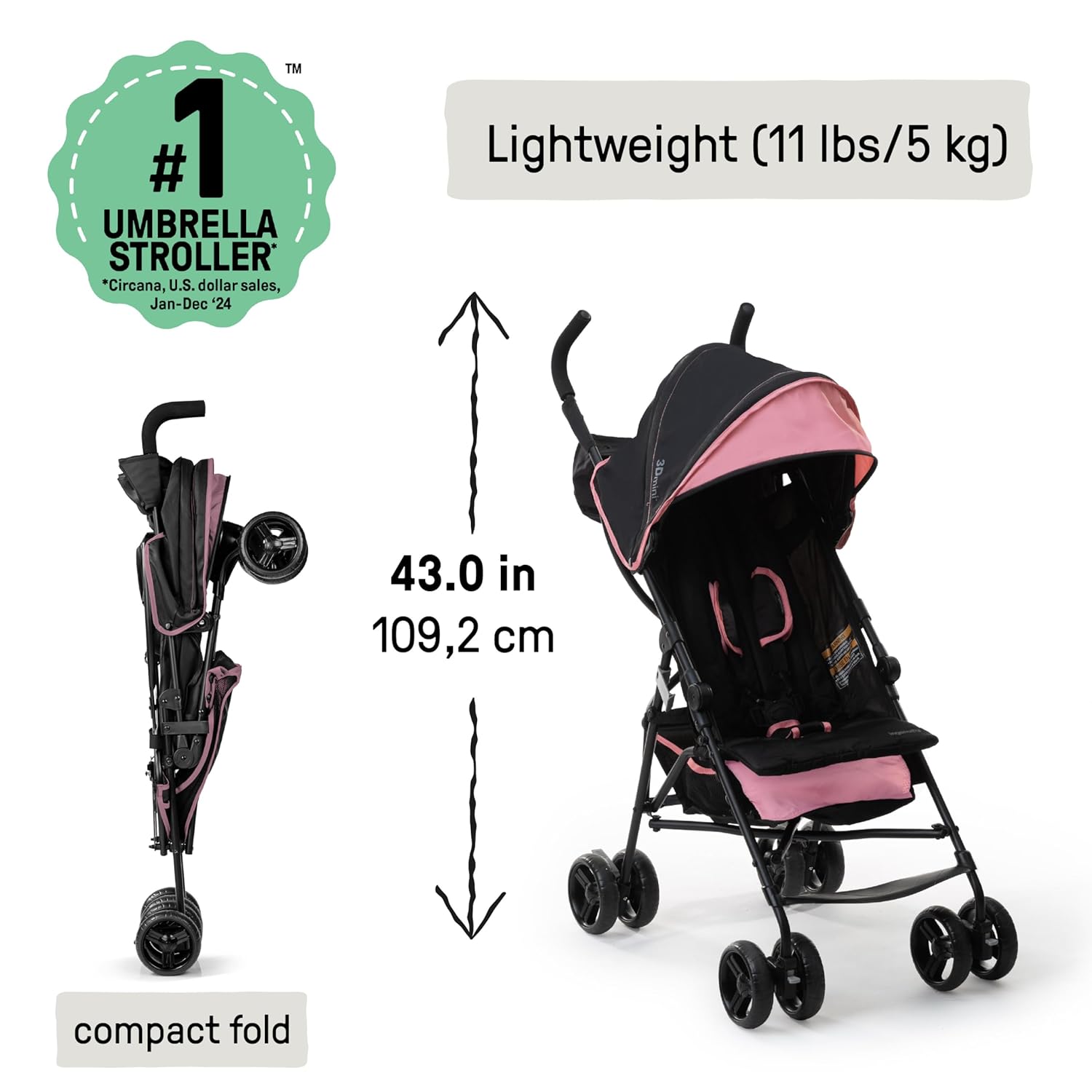 Pink lightweight umbrella stroller with compact fold and pop-out sun visor for travel โ view 3