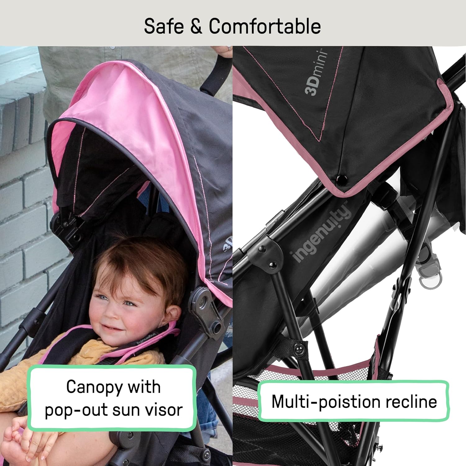 Pink lightweight umbrella stroller with compact fold and pop-out sun visor for travel โ view 4