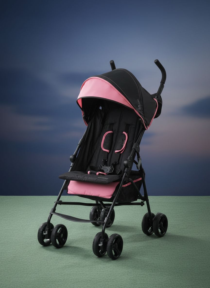 Pink lightweight umbrella stroller with compact fold and pop-out sun visor for travel โ view 1