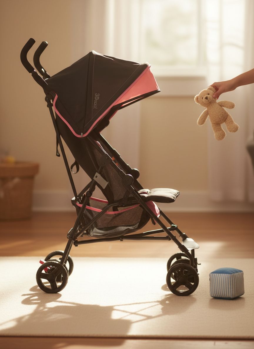 Pink lightweight umbrella stroller with compact fold and pop-out sun visor for travel โ view 3