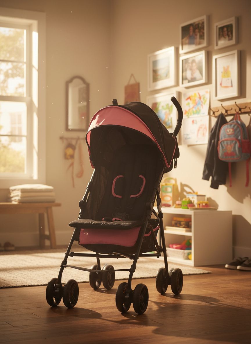 Pink lightweight umbrella stroller with compact fold and pop-out sun visor for travel โ view 3a