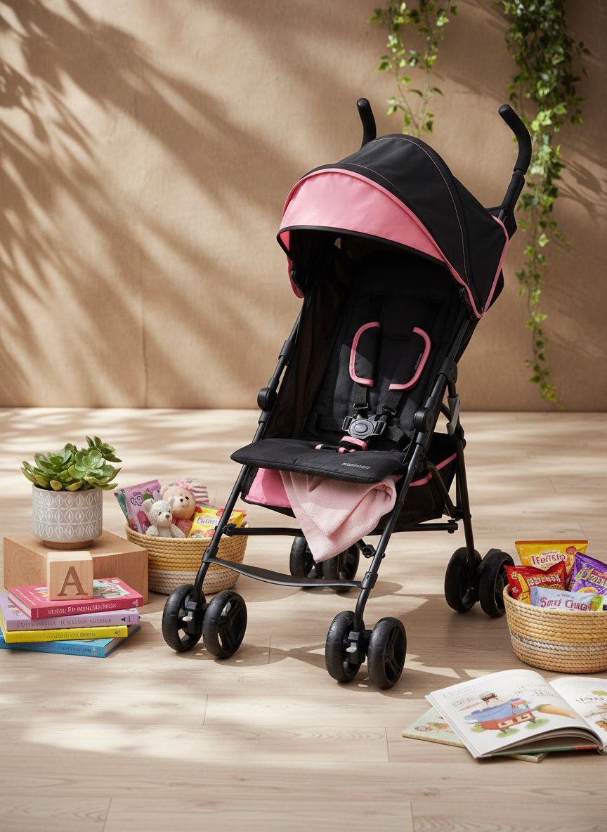 Pink lightweight umbrella stroller with compact fold and pop-out sun visor for travel โ view 5a