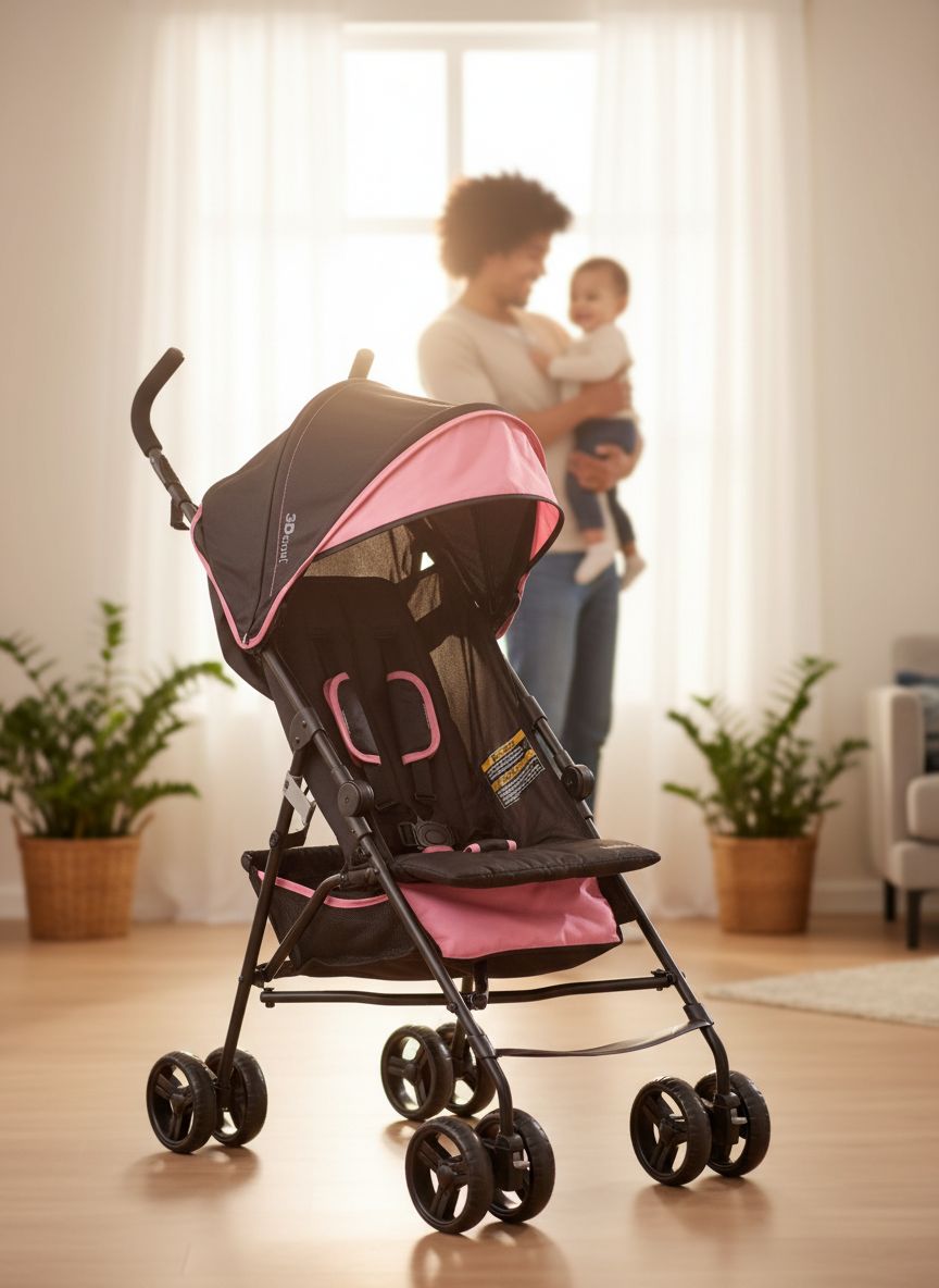 Pink lightweight umbrella stroller with compact fold and pop-out sun visor for travel โ view 6