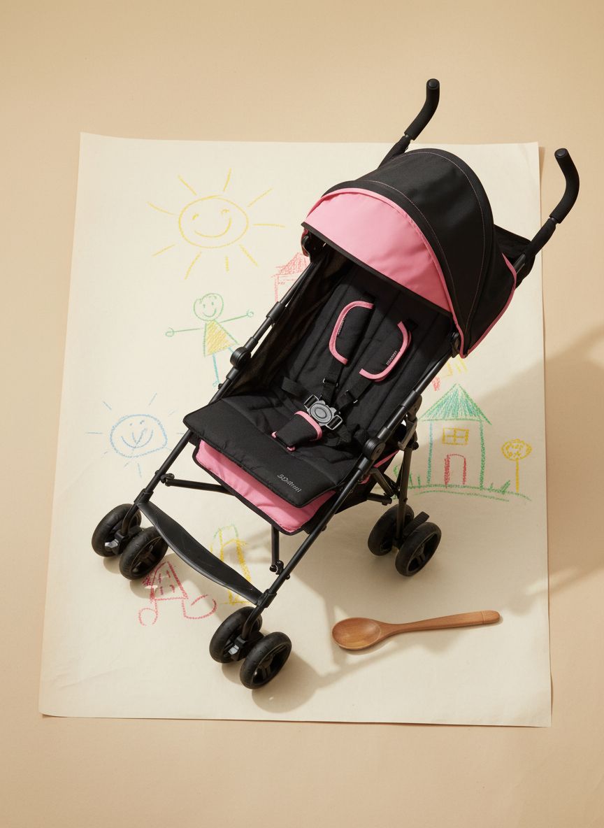 Pink lightweight umbrella stroller with compact fold and pop-out sun visor for travel โ view 7a