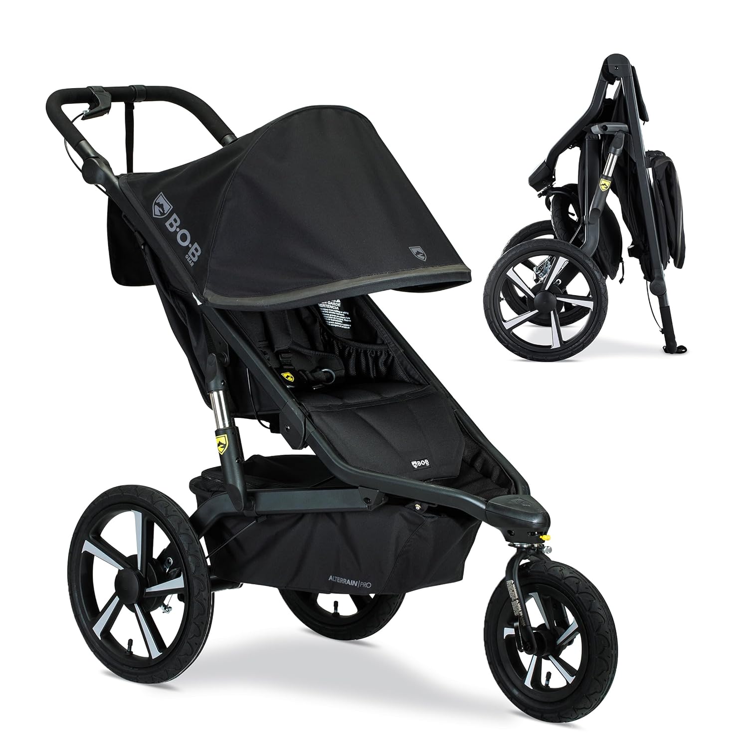 Alterrain Pro jogging stroller in black with SmoothShox suspension system, front swivel wheel visible — view 1