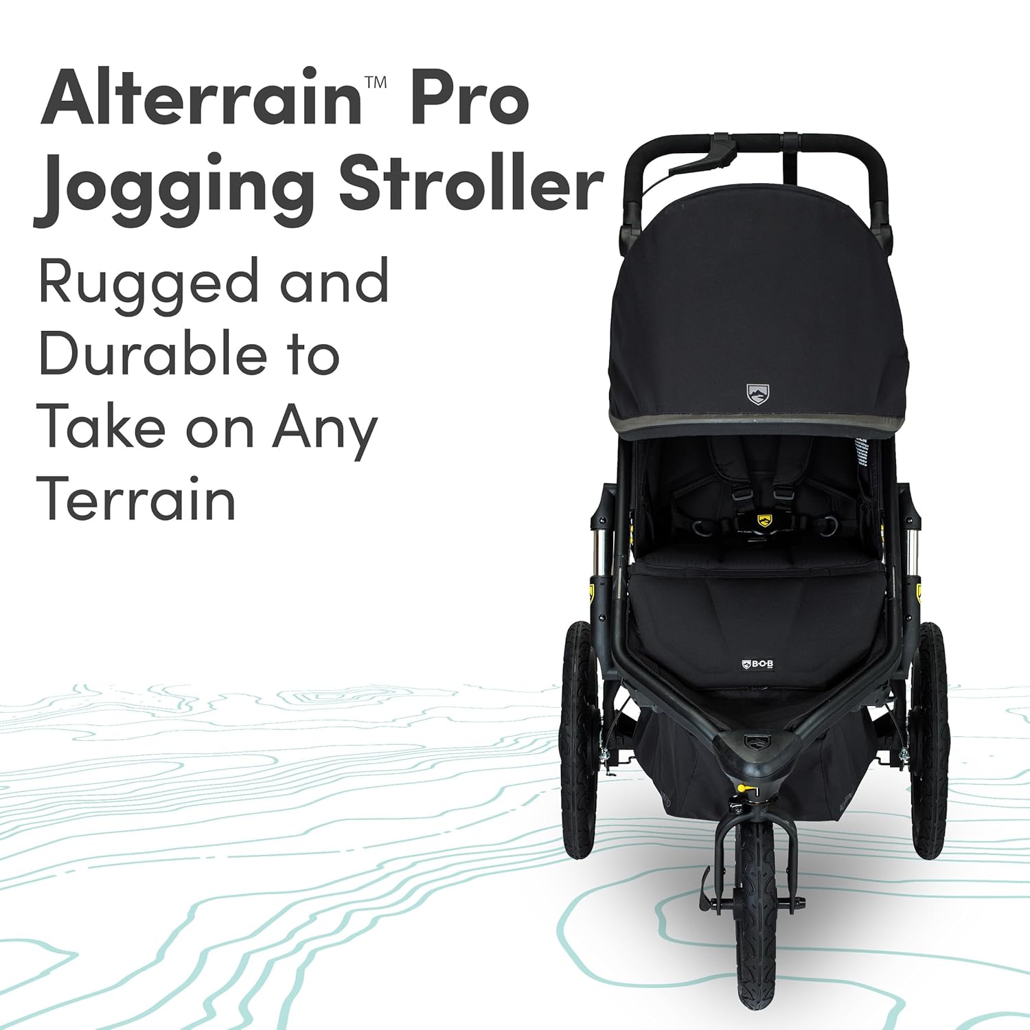Alterrain Pro jogging stroller in black with SmoothShox suspension system, front swivel wheel visible — view 2