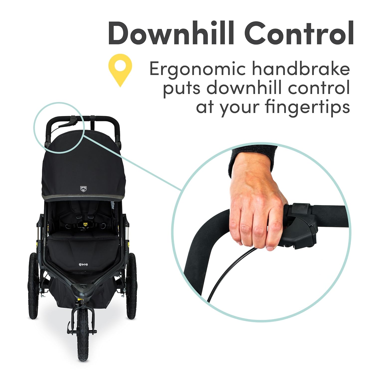 Alterrain Pro jogging stroller in black with SmoothShox suspension system, front swivel wheel visible — view 3