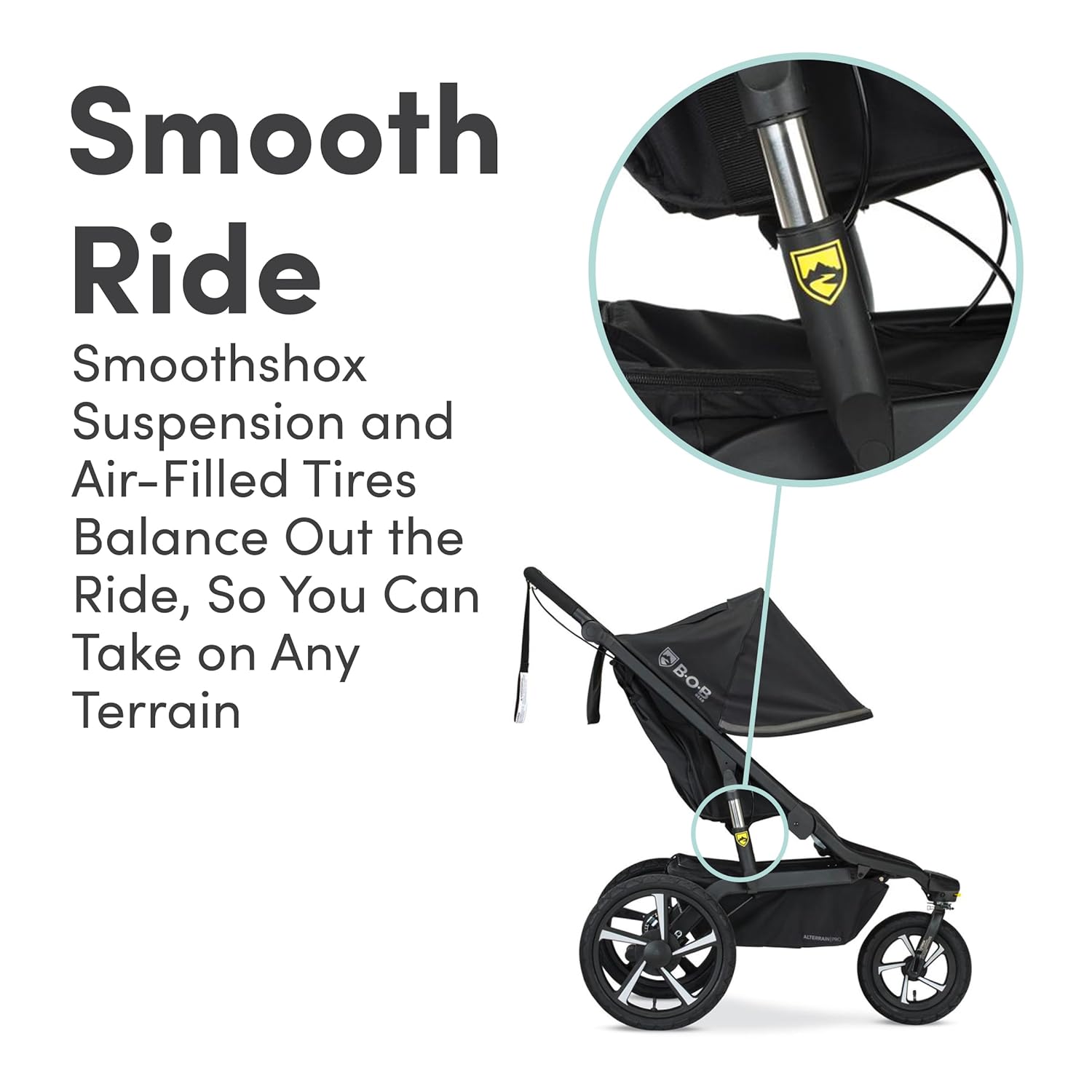Alterrain Pro jogging stroller in black with SmoothShox suspension system, front swivel wheel visible — view 5