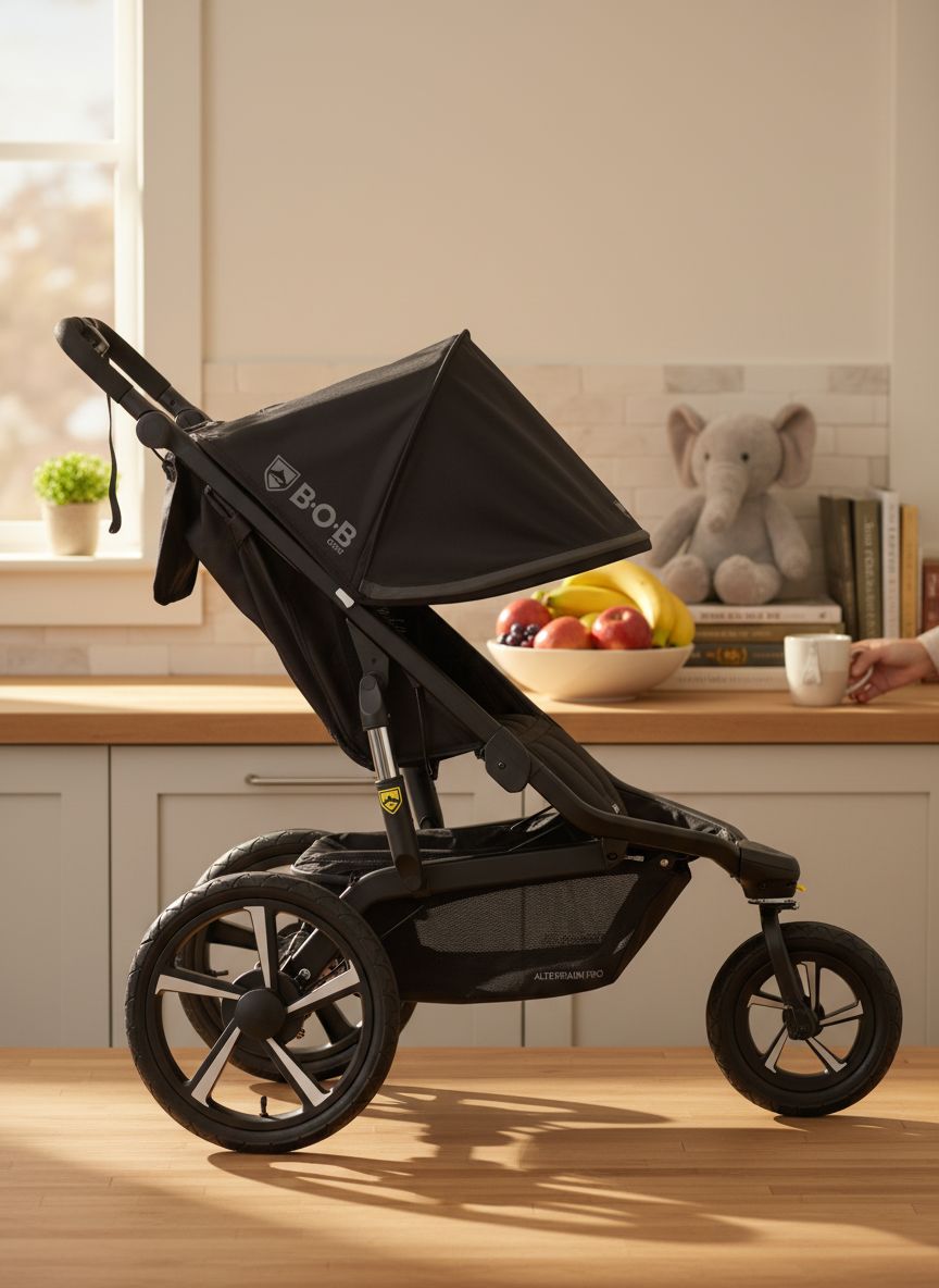 Alterrain Pro jogging stroller in black with SmoothShox suspension system, front swivel wheel visible — view 3