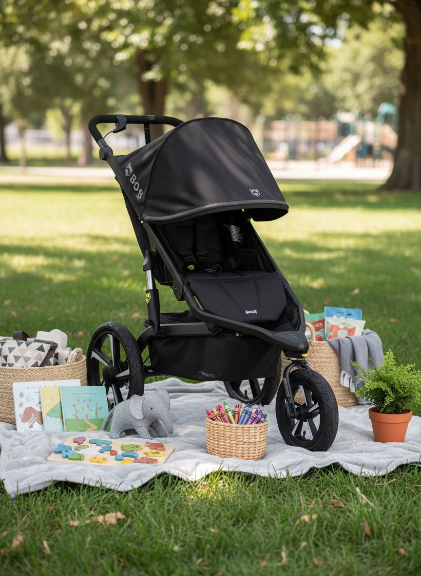 Alterrain Pro jogging stroller in black with SmoothShox suspension system, front swivel wheel visible — view 5a