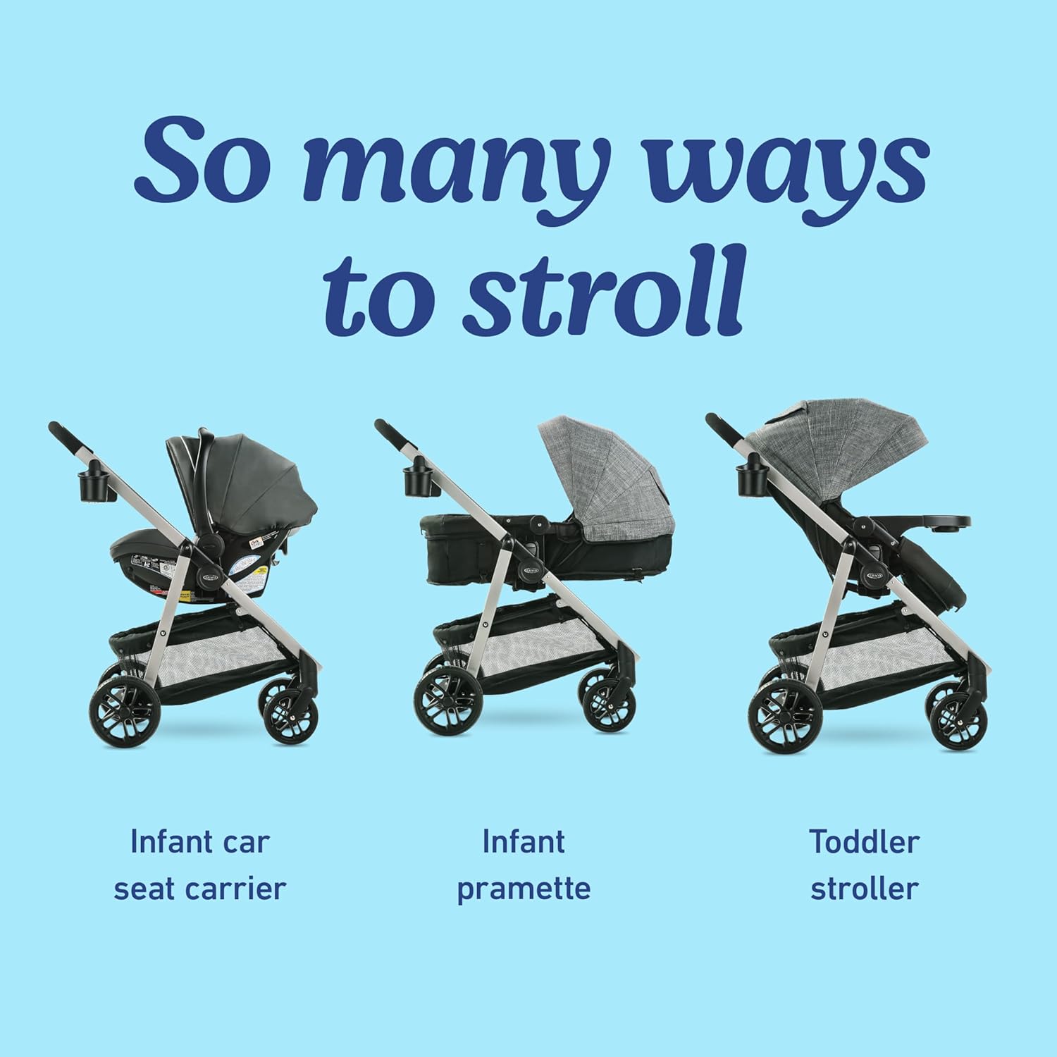 Graco Modes Pramette Travel System in Ellington gray, showing pram configuration with ergonomic parent handles — view 2